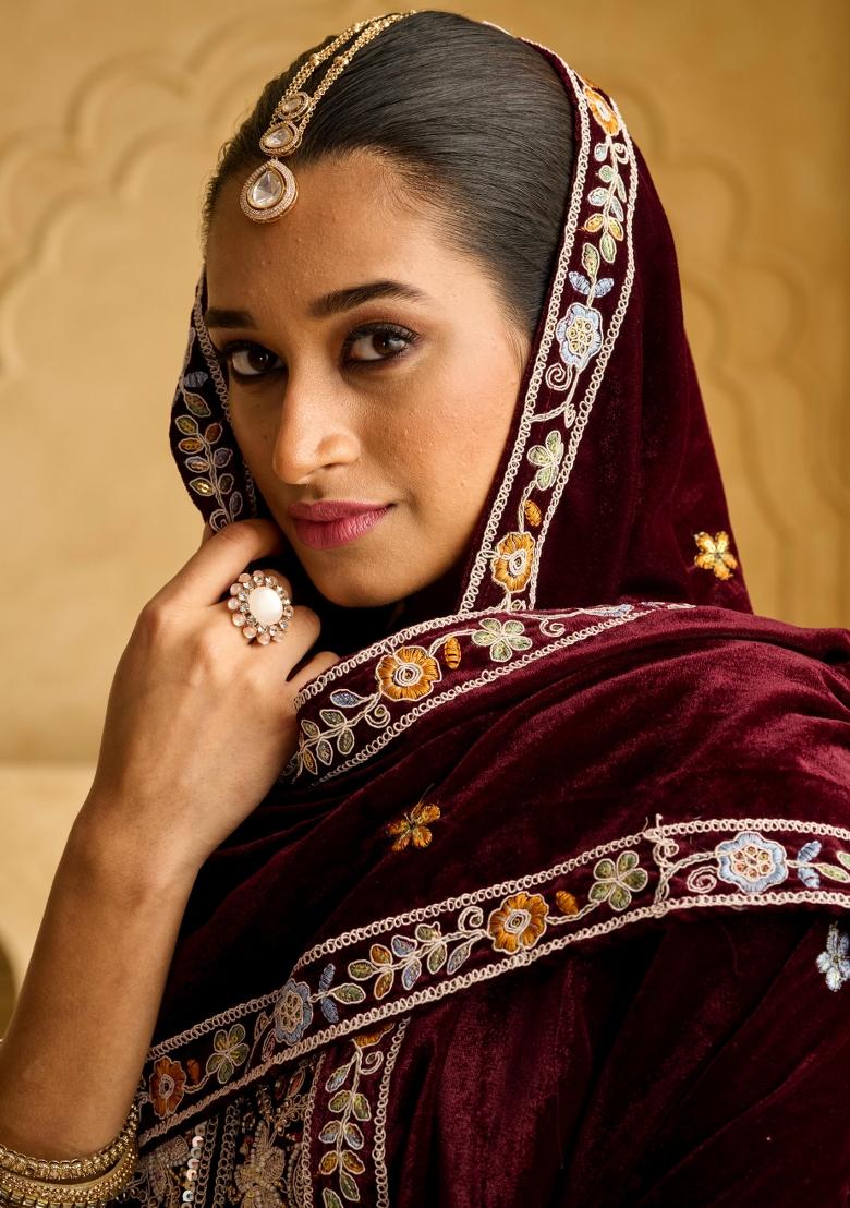 Purple Embroidererd Velvet Salwar Kameez With Dupatta