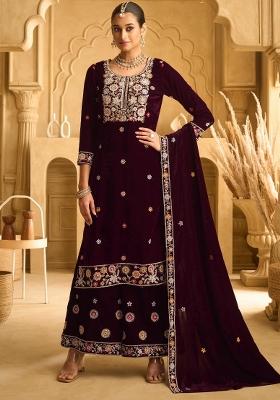 Maroon Embroidererd Velvet Salwar Kameez With Dupatta