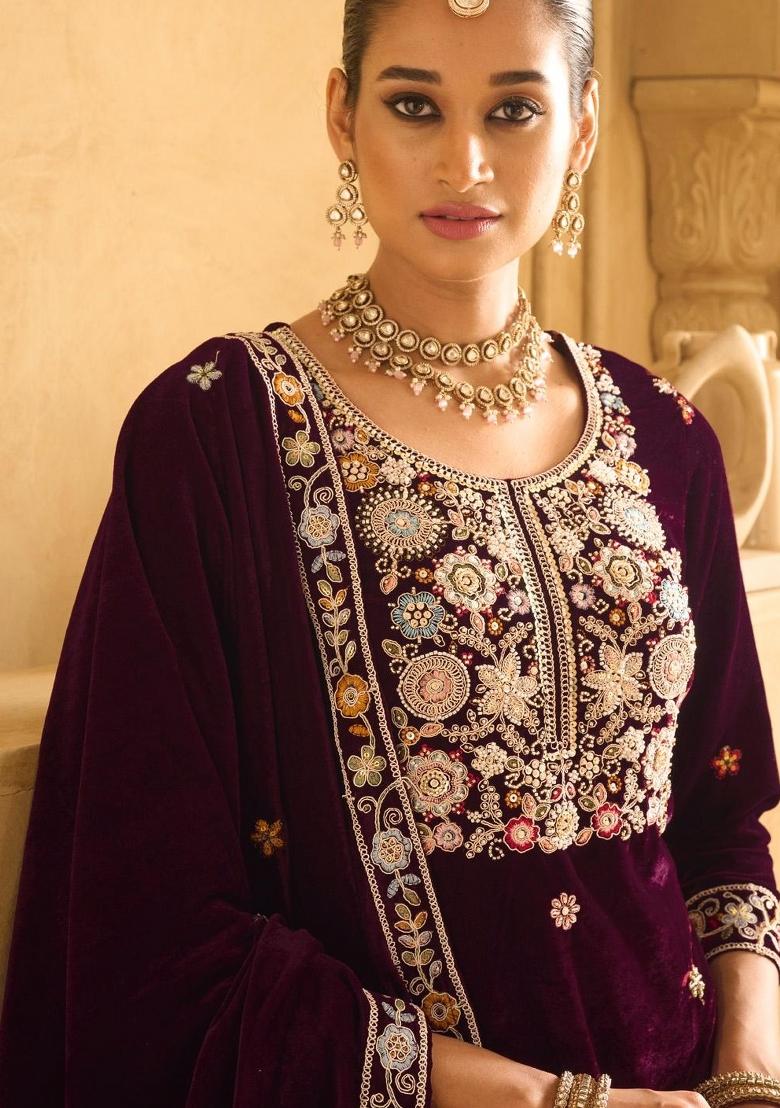 Maroon Embroidererd Velvet Salwar Kameez With Dupatta