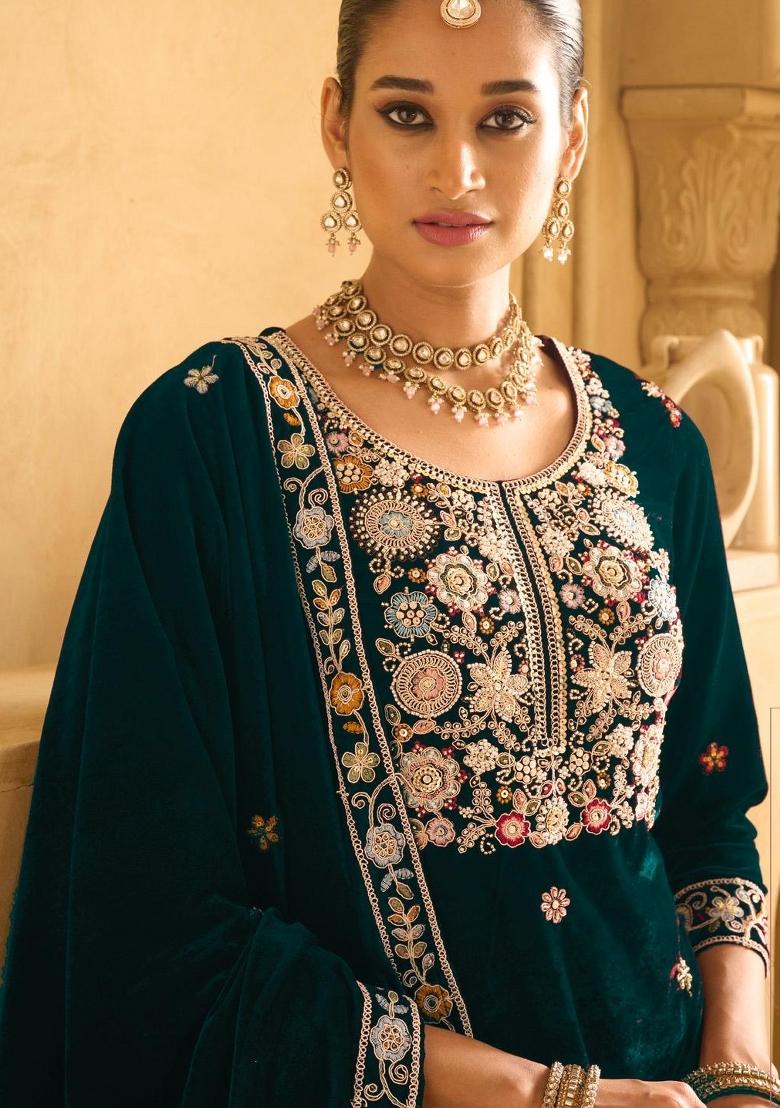 Dark Green Embroidererd Velvet Salwar Kameez With Dupatta