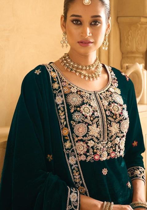 Dark Green Embroidererd Velvet Salwar Kameez With Dupatta