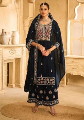 Dark Blue Embroidererd Velvet Salwar Kameez With Dupatta