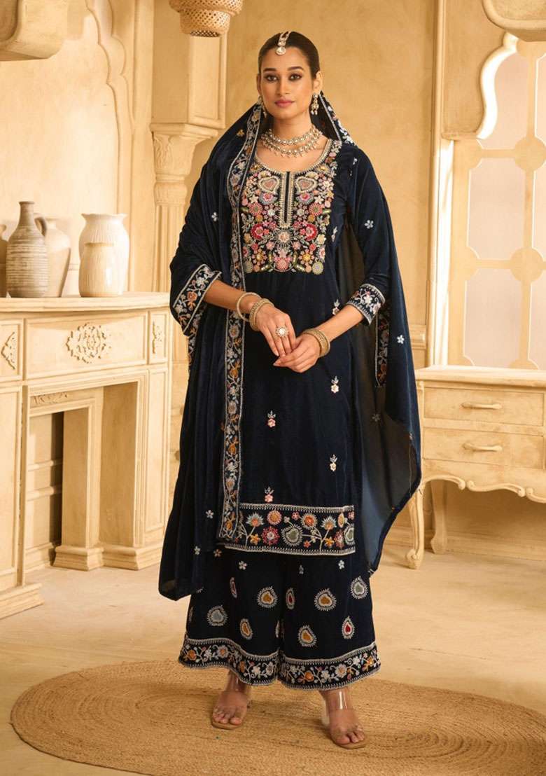 Dark Blue Embroidererd Velvet Salwar Kameez With Dupatta - Indya