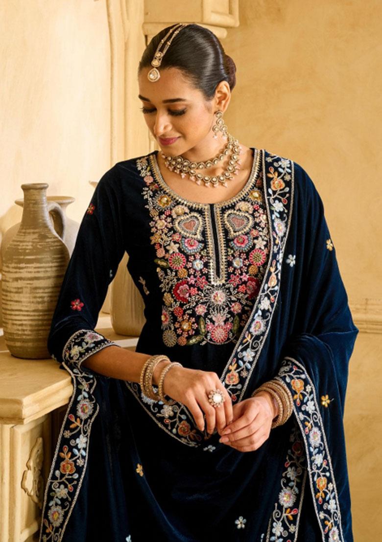 Dark Blue Embroidererd Velvet Salwar Kameez With Dupatta