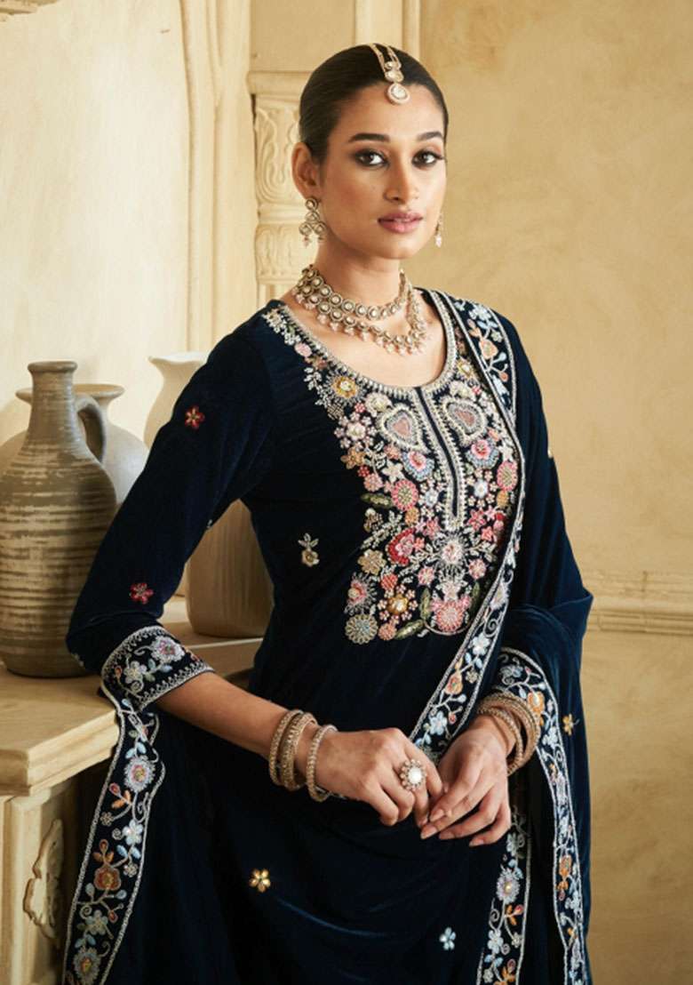 Dark Blue Embroidererd Velvet Salwar Kameez With Dupatta - Indya