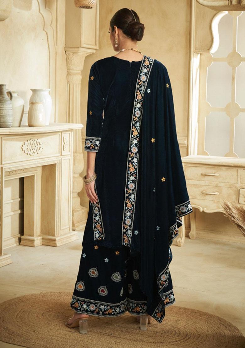 Dark Blue Embroidererd Velvet Salwar Kameez With Dupatta