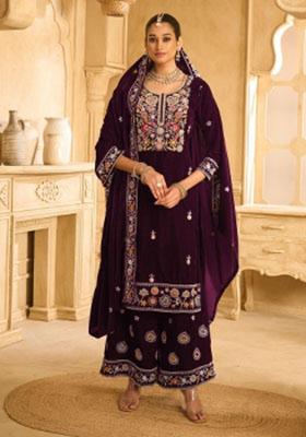 Wine Embroidererd Velvet Salwar Kameez With Dupatta