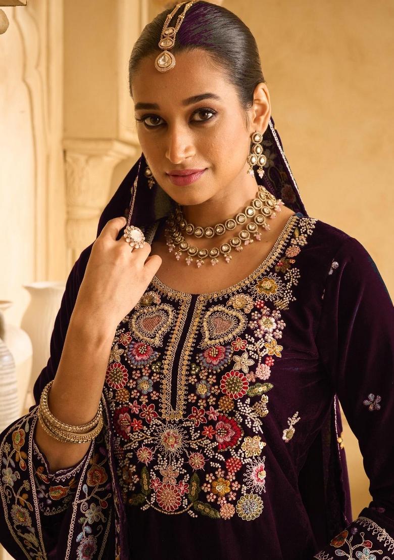 Wine Embroidererd Velvet Salwar Kameez With Dupatta