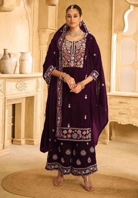 Wine Embroidererd Velvet Salwar Kameez With Dupatta