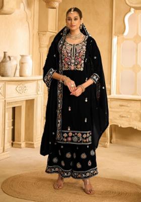 Black Embroidererd Velvet Salwar Kameez With Dupatta