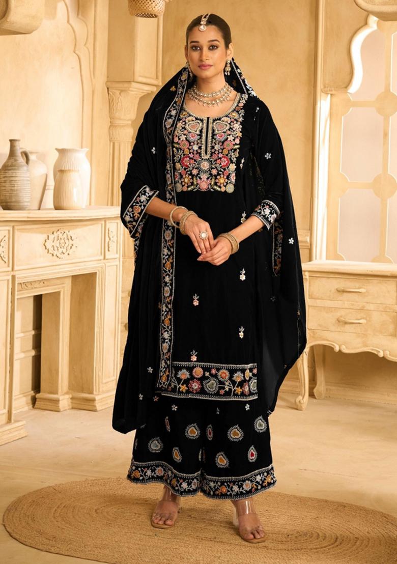 Black Embroidererd Velvet Salwar Kameez With Dupatta