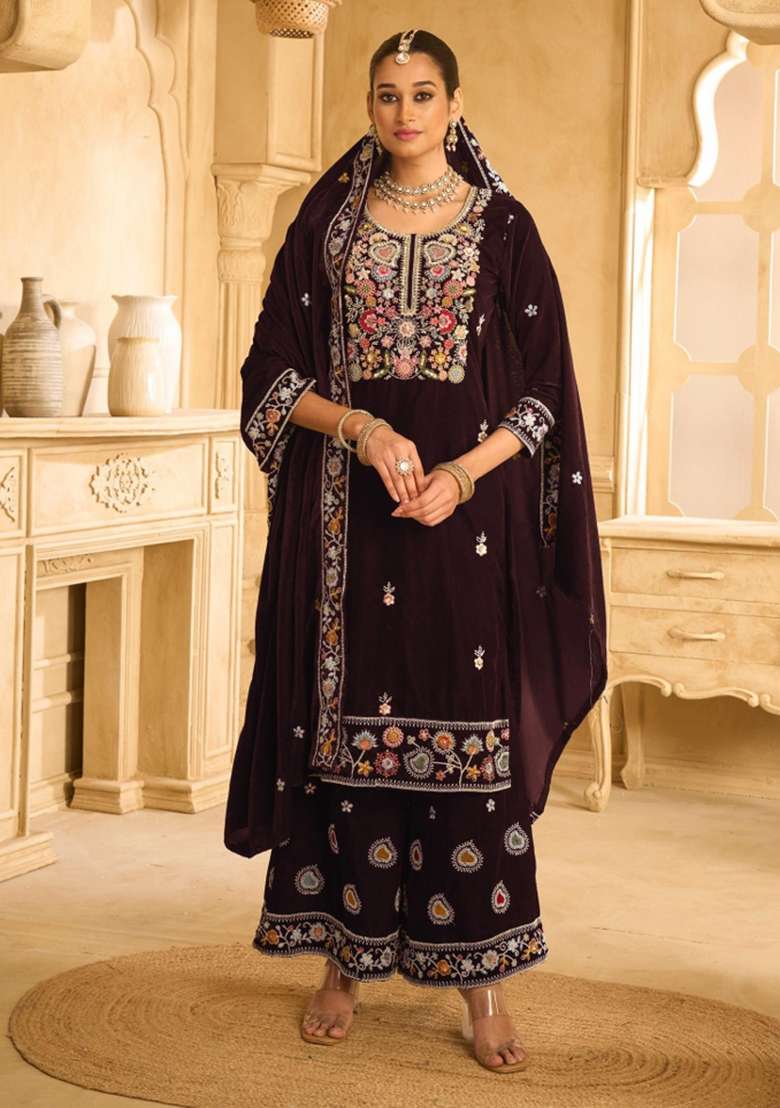 Maroon Embroidererd Velvet Salwar Kameez With Dupatta - Indya