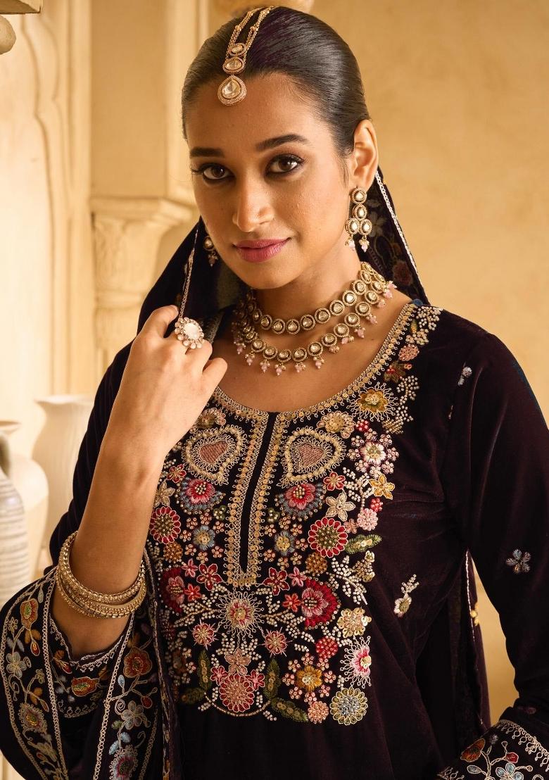 Maroon Embroidererd Velvet Salwar Kameez With Dupatta