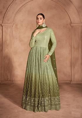 Green Embroidered Georgette Anarkali Set With Dupatta