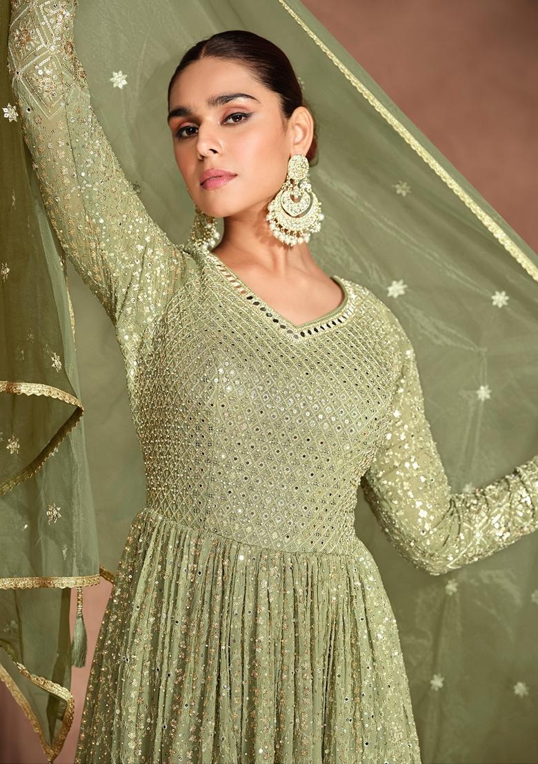 Green Embroidered Georgette Anarkali Set With Dupatta