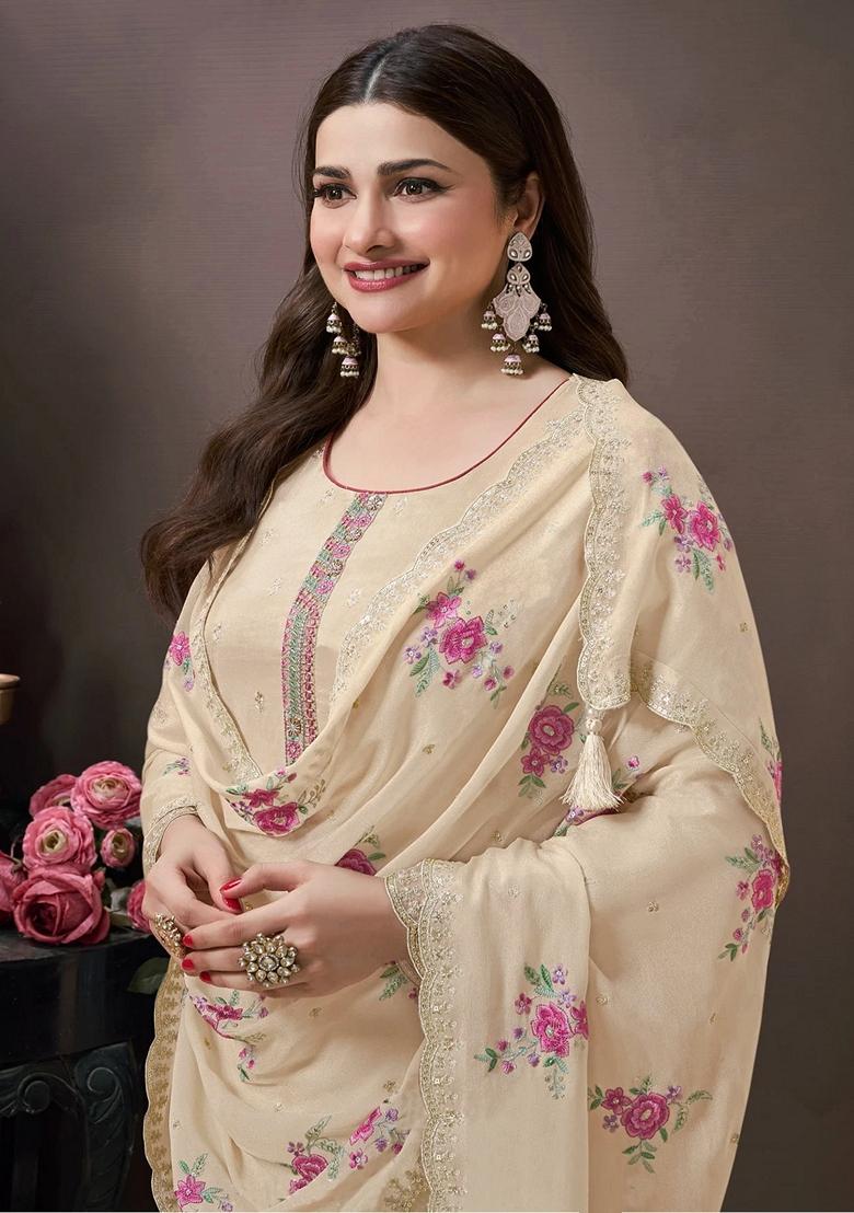 White Embroidered Silk Salwar Kameez With Dupatta
