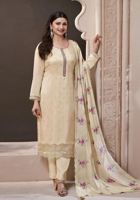 White Embroidered Silk Salwar Kameez With Dupatta