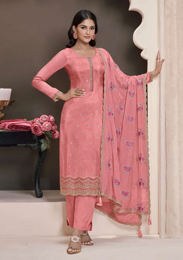 Pink Embroidered Silk Salwar Kameez With Dupatta - Indya