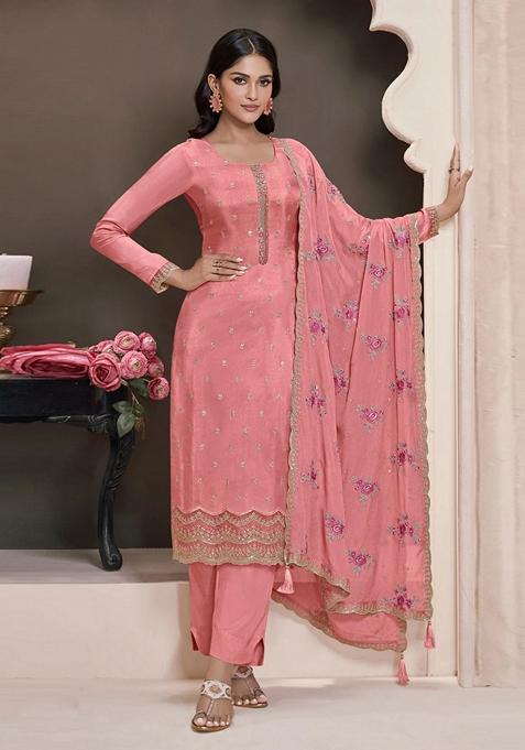 Pink Embroidered Silk Salwar Kameez With Dupatta