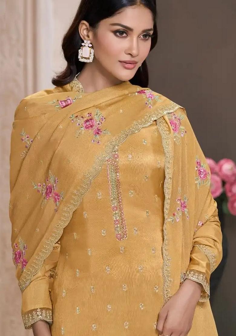 Yellow Embroidered Silk Salwar Kameez With Dupatta