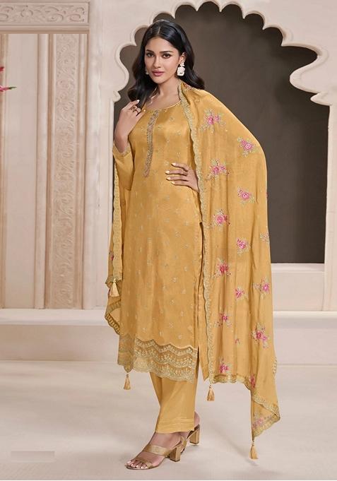 Yellow Embroidered Silk Salwar Kameez With Dupatta