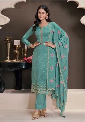Sky Blue Embroidered Silk Salwar Kameez With Dupatta