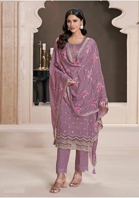 Purple Embroidered Silk Salwar Kameez With Dupatta