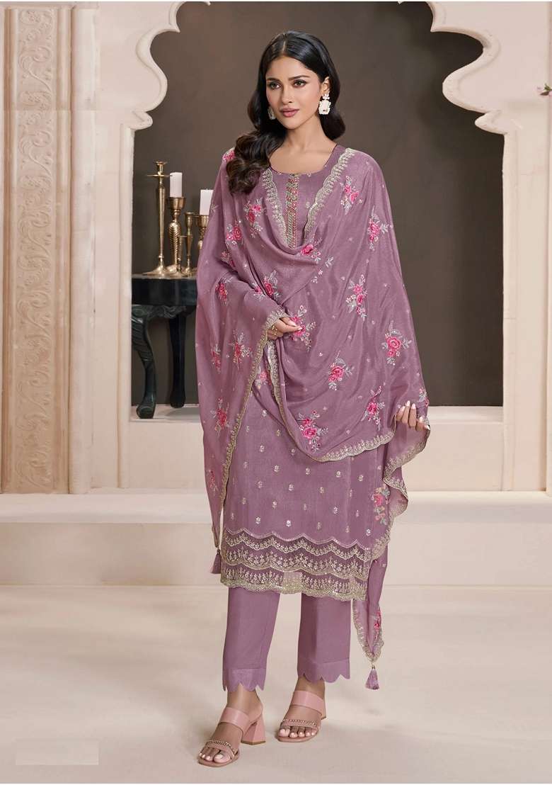 Purple Embroidered Silk Salwar Kameez With Dupatta - Indya