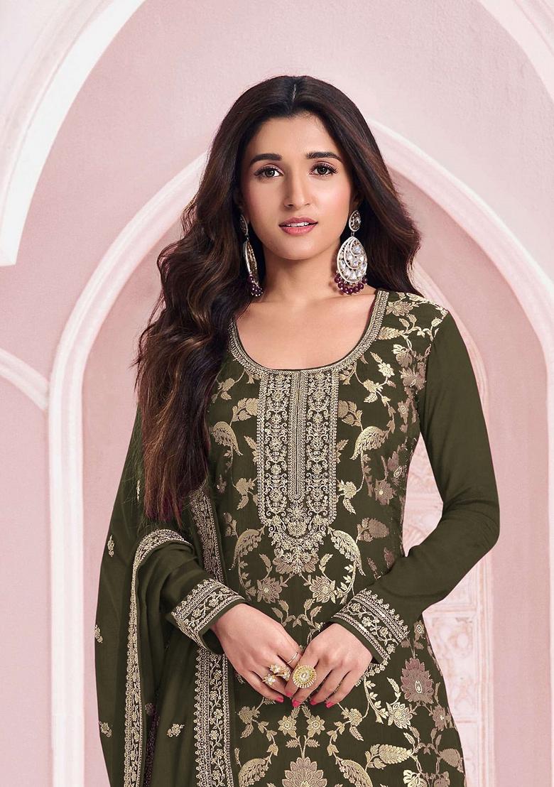 Green Embroidered Jacquard Salwar Kameez With Dupatta