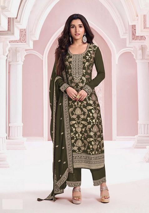 Green Embroidered Jacquard Salwar Kameez With Dupatta