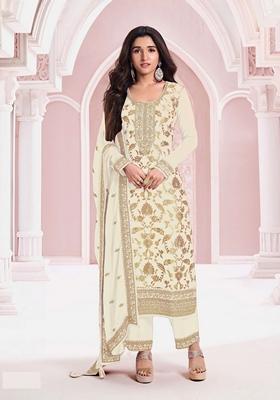 White Embroidered Jacquard Salwar Kameez With Dupatta