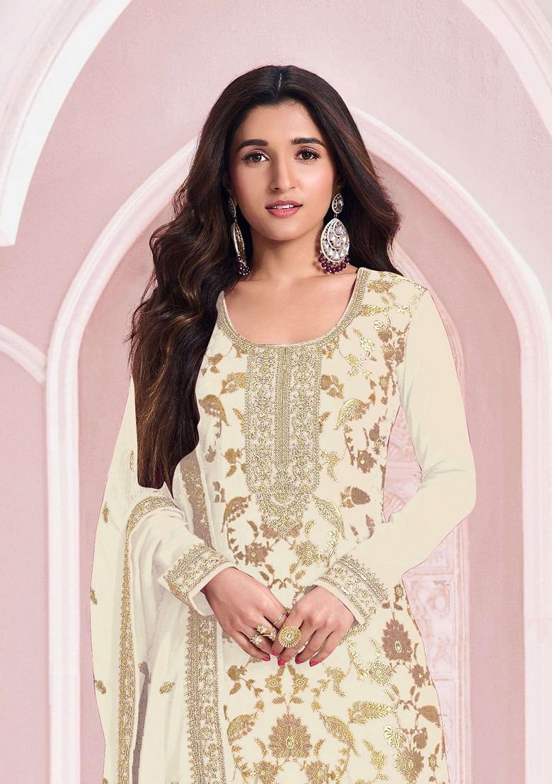 White Embroidered Jacquard Salwar Kameez With Dupatta