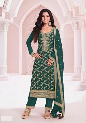 Green Embroidered Jacquard Salwar Kameez With Dupatta