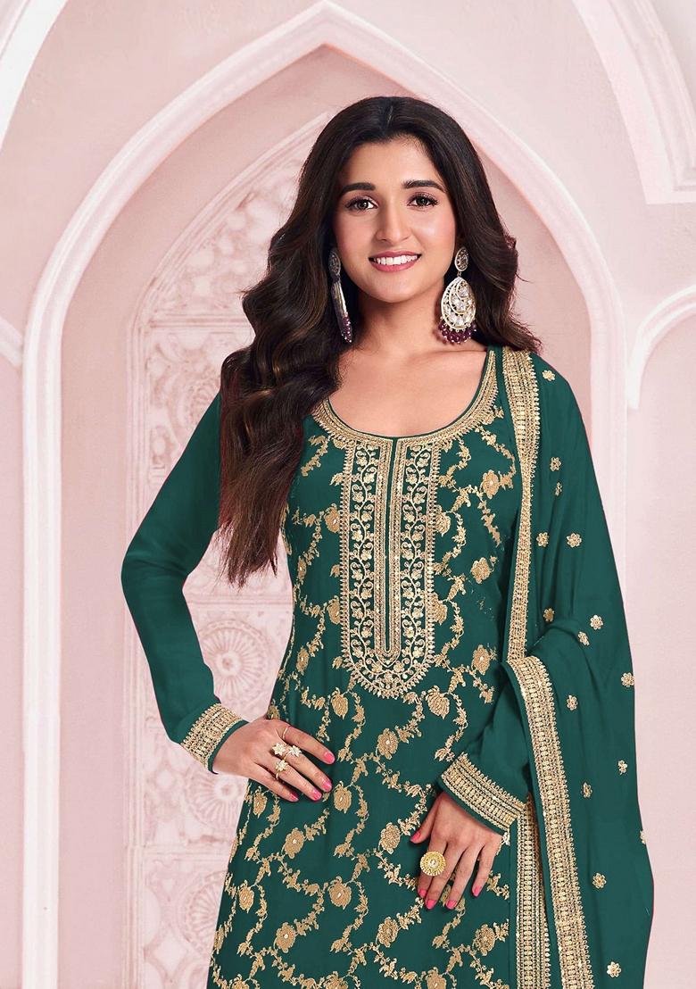 Green Embroidered Jacquard Salwar Kameez With Dupatta