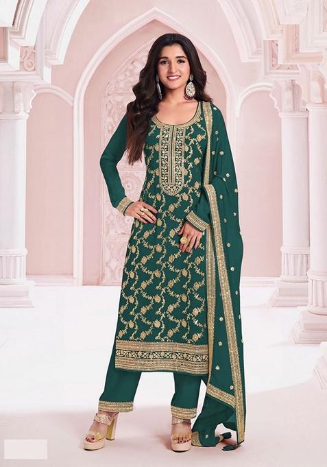 Green Embroidered Jacquard Salwar Kameez With Dupatta