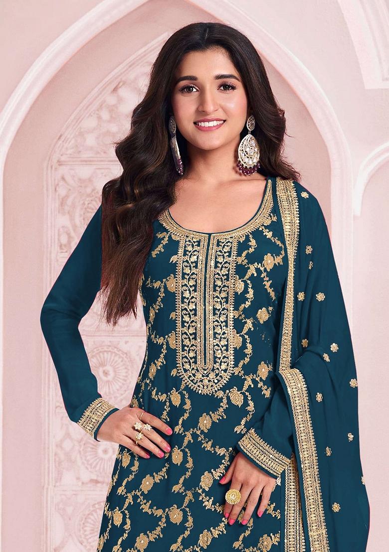 Blue Embroidered Jacquard Salwar Kameez With Dupatta