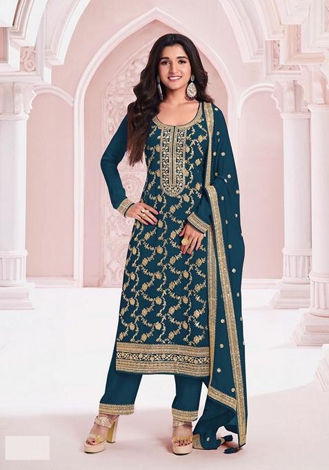 Blue Embroidered Jacquard Salwar Kameez With Dupatta