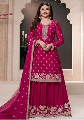 Pink Embroidered Art Silk Palazzo Set With Dupatta
