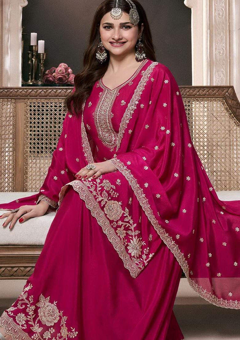 Pink Embroidered Art Silk Palazzo Set With Dupatta