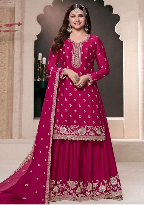 Pink Embroidered Art Silk Palazzo Set With Dupatta