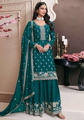 Green Embroidered Art Silk Palazzo Set With Dupatta