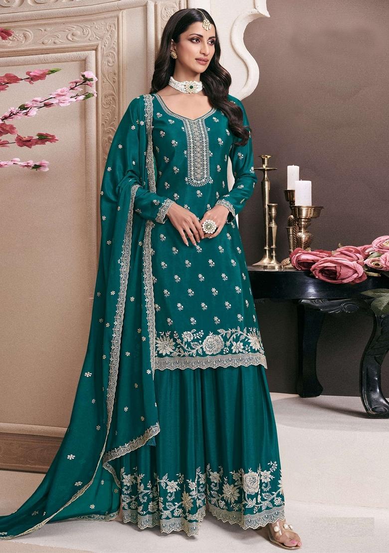 Green Embroidered Art Silk Palazzo Set With Dupatta
