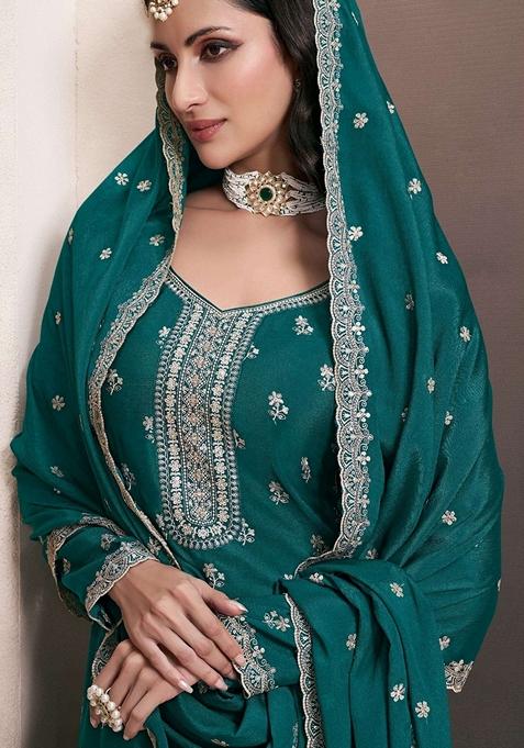 Green Embroidered Art Silk Palazzo Set With Dupatta