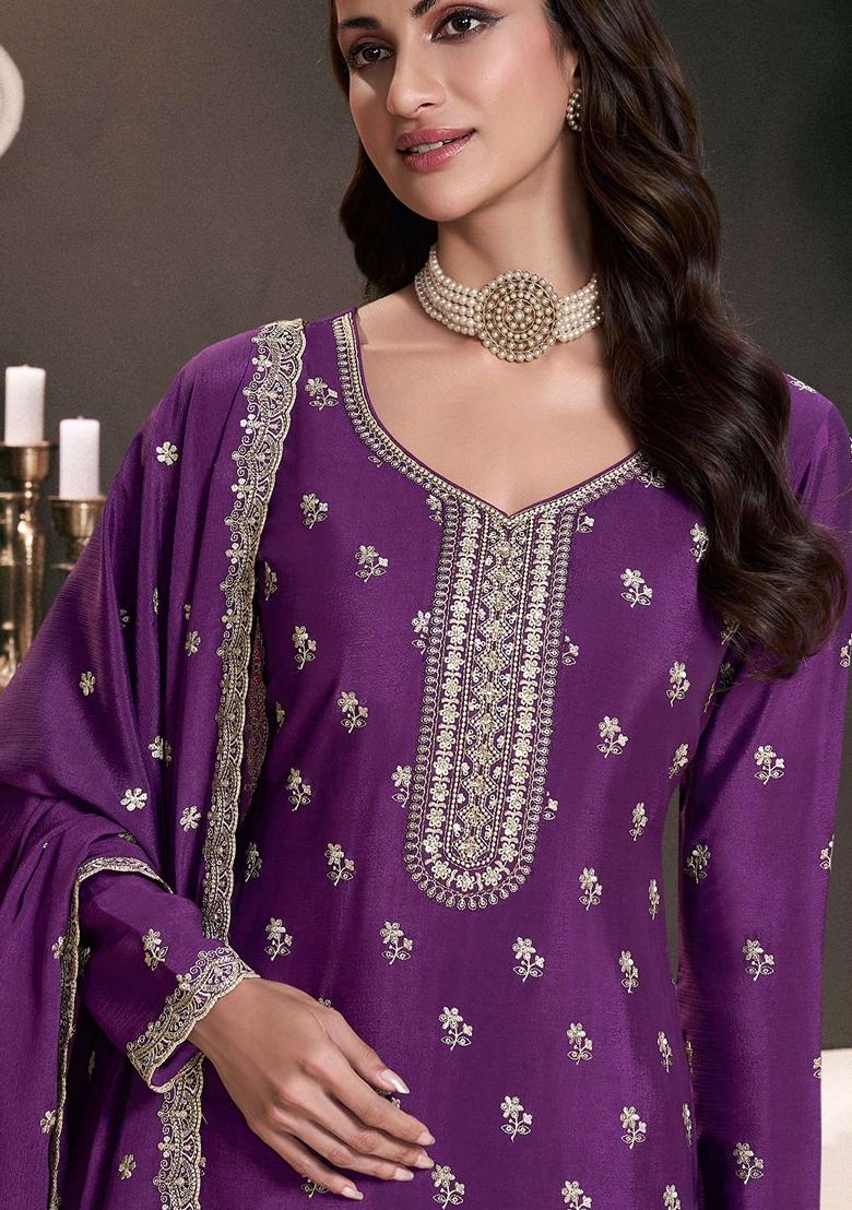 Purple Embroidered Art Silk Palazzo Set With Dupatta