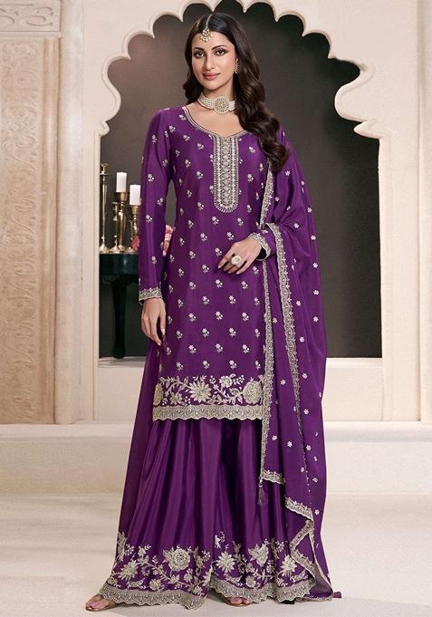 Purple Embroidered Art Silk Palazzo Set With Dupatta