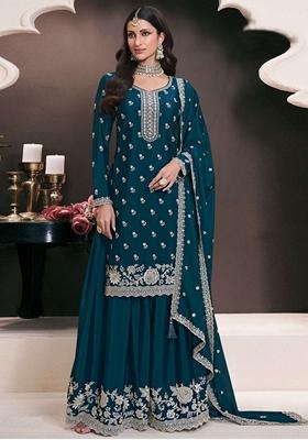 Teal Blue Embroidered Art Silk Palazzo Set With Dupatta