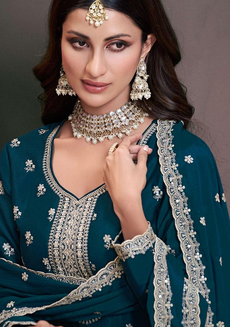 Teal Blue Embroidered Art Silk Palazzo Set With Dupatta