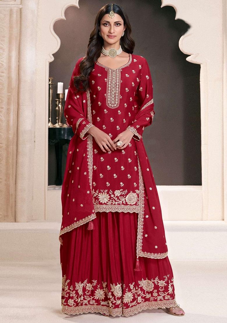 Red Embroidered Art Silk Palazzo Set With Dupatta