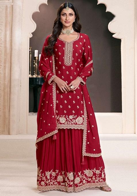 Red Embroidered Art Silk Palazzo Set With Dupatta