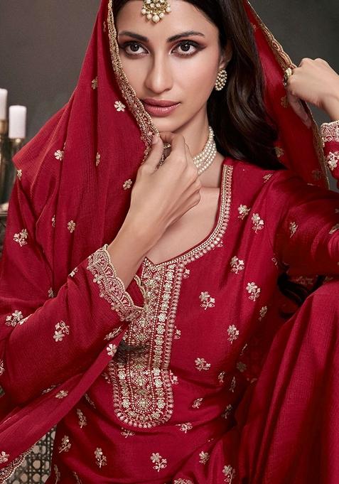 Red Embroidered Art Silk Palazzo Set With Dupatta